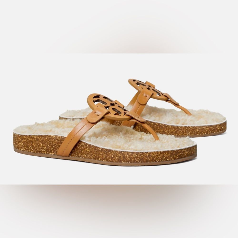 Tory Burch Miller Cloud Shearling Sandal Leather Caramel Corn/Buttermilk Sz 8.5